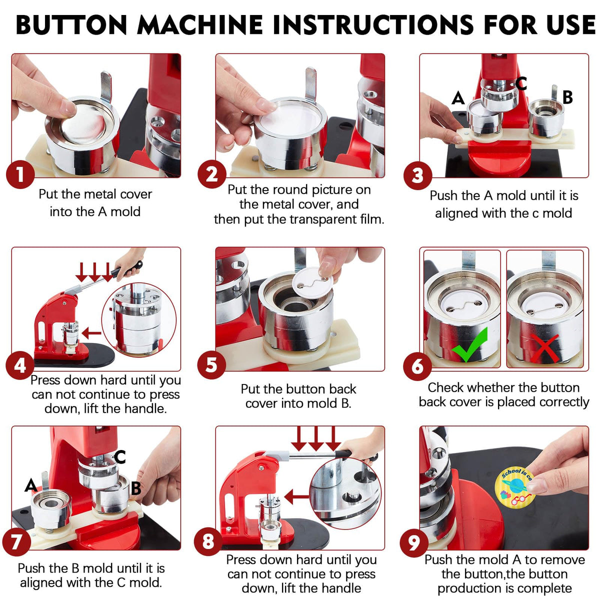 Lounsweer 1 Inch+1.25 Inch+2.25 Inch Button Maker Machine Multiple Sizes Pin Maker Interchangeable Button Models Badge Metal Press Machine with 300 Sets Supplies &Circle Cutter&Cutting Mat