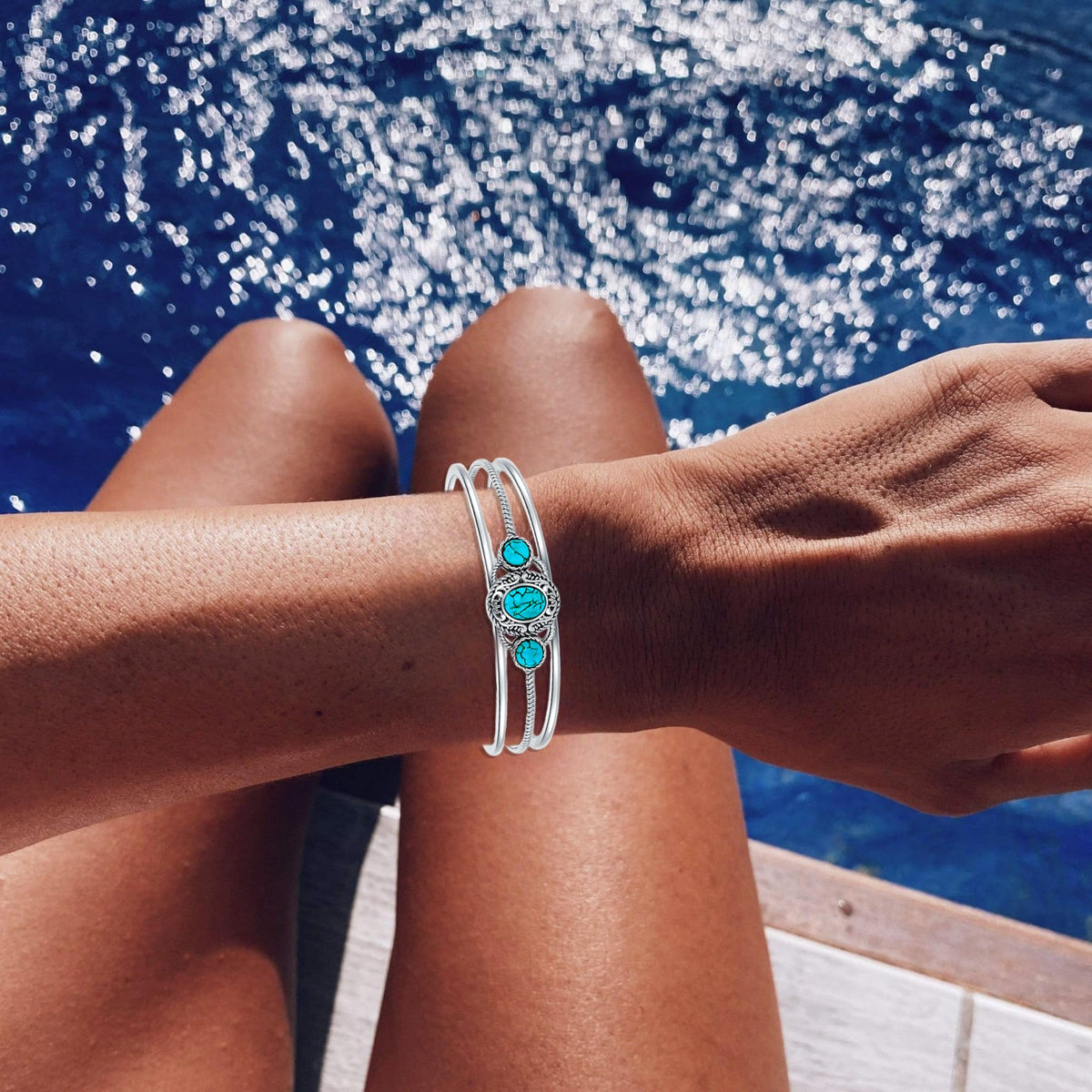 DOLIOX Genuine 3 Turquoise Stone Bracelet, Sterling Silver Boho Adjustable Bangle Cuff Native American Vintage Jewelry for Women, Fit for 6.5 7 7.5 Inches