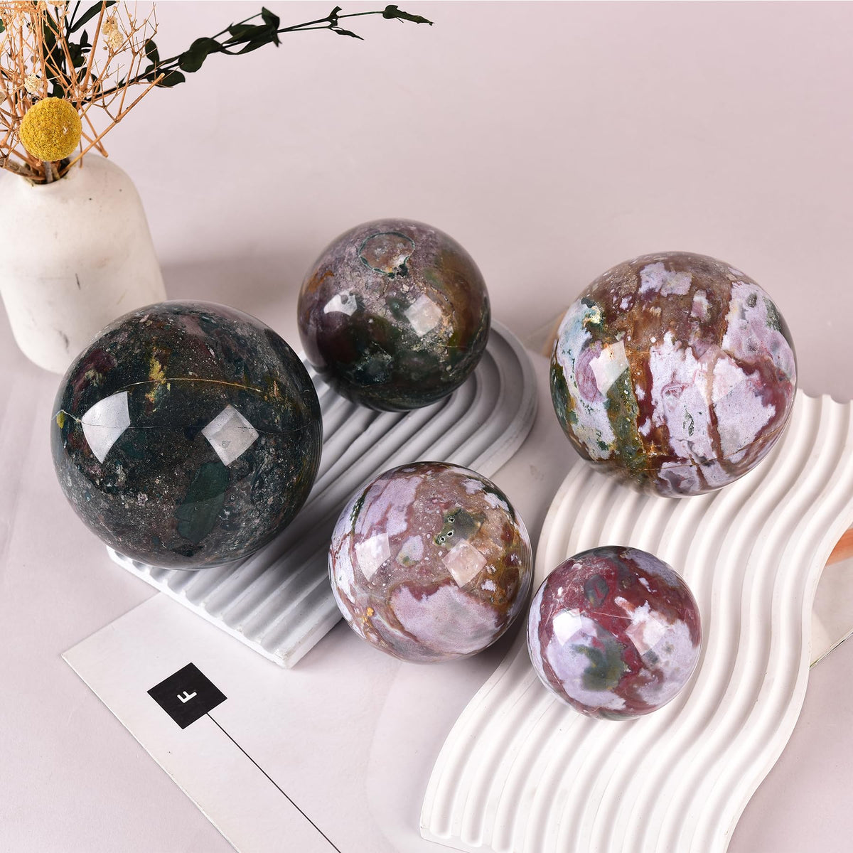 JIC Gem Ocean Jasper Crystal Ball with Wooden Stand Healing Crystal Sphere Ball for Feng Shui Decor Spiritual Gifts 70-80mm