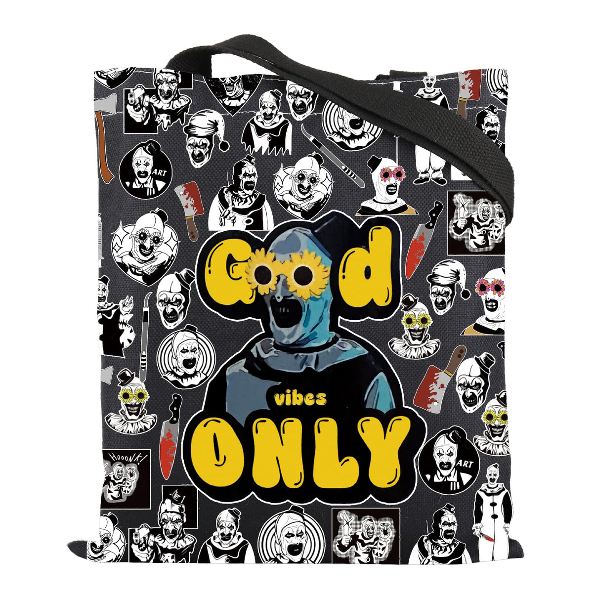 ENSIANTH Sunflower Glasses Clown Tote Bag Horror Slasher Serial Killer Movie Lover Gift Scary Halloween Thriller Handbag (Good Vibes bag)