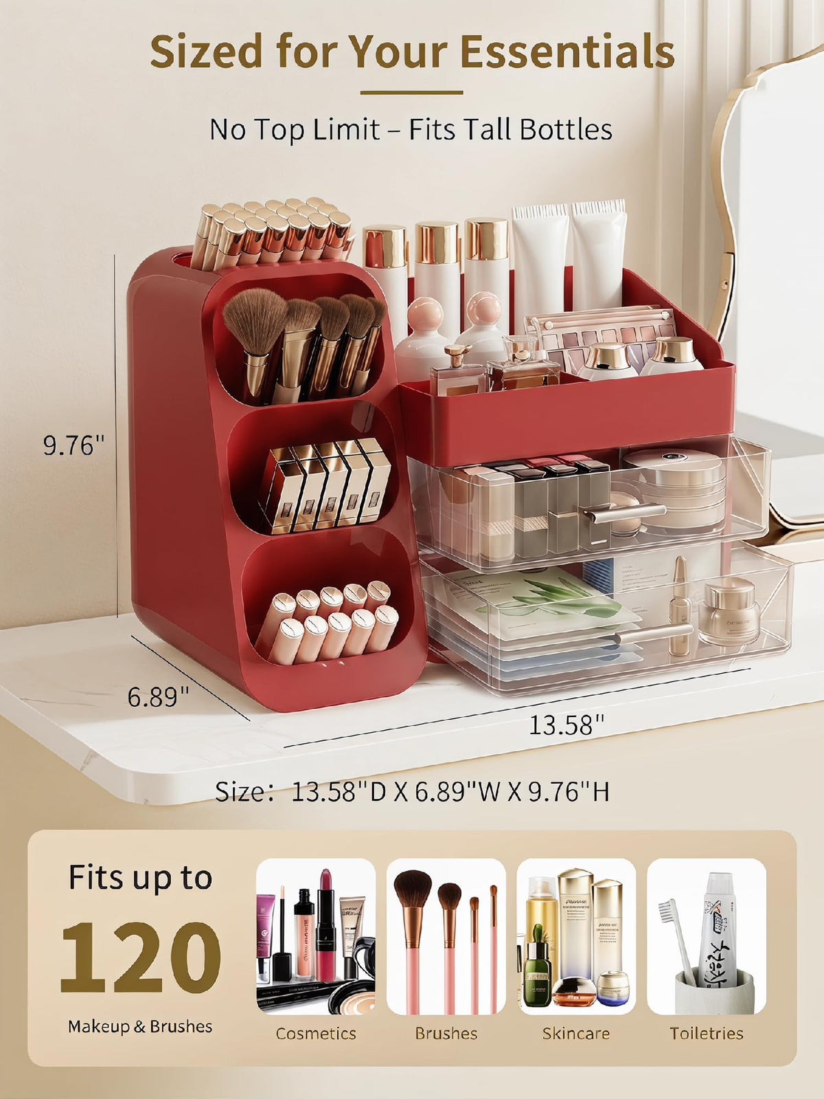Booklov Makeup Organizer for Vanity, Large Capacity Cosmetic Display Case with Clear Acrylic Drawers, Countertop Beauty Storage Holder for Skincare, Brush Eyeshadow Lipstick, Counter Desk, Crystal Red