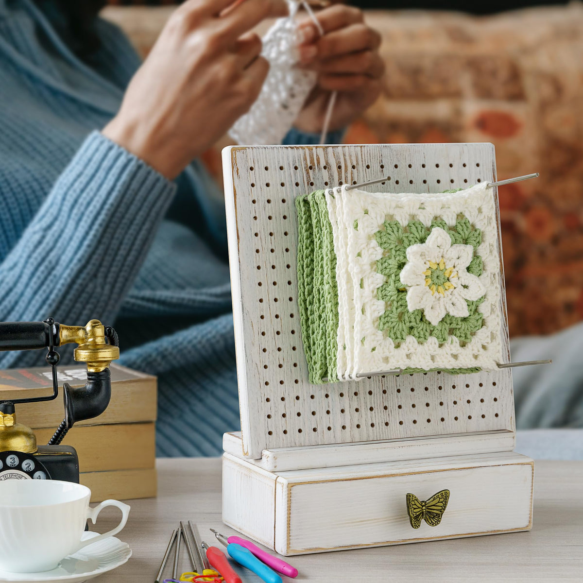 Premium Beech Wood Crochet Blocking Board Kit with 50 Stainless Steel Pins, Storage Drawer, Adjustable Stand, Ideal for Granny Squares, Crochet Projects, and Knitting (9.5" Pine)