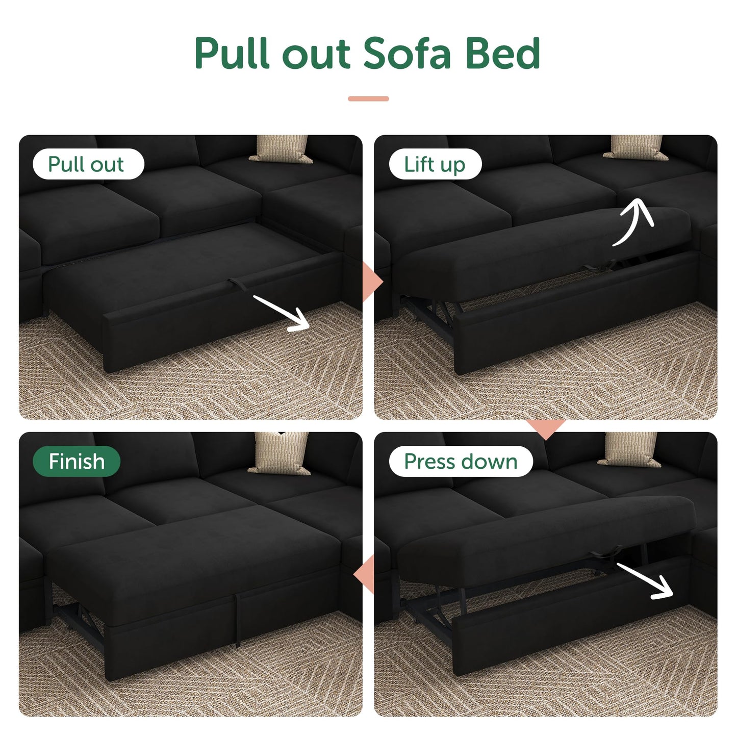 HONBAY Sleeper Sectional Couch with Pull Out Bed, Velvet Modular Sofa with Storage, U Shaped Sectional Couches for Living Room, Black