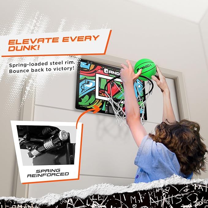 AND1 Over the Door Mini Basketball Hoop: 18x12 Shatterproof Backboard, 2 Mini Basketballs, and Hand Pump Included- Ultimate Indoor Basketball Accessory for Kids and Adults, No Tools Required