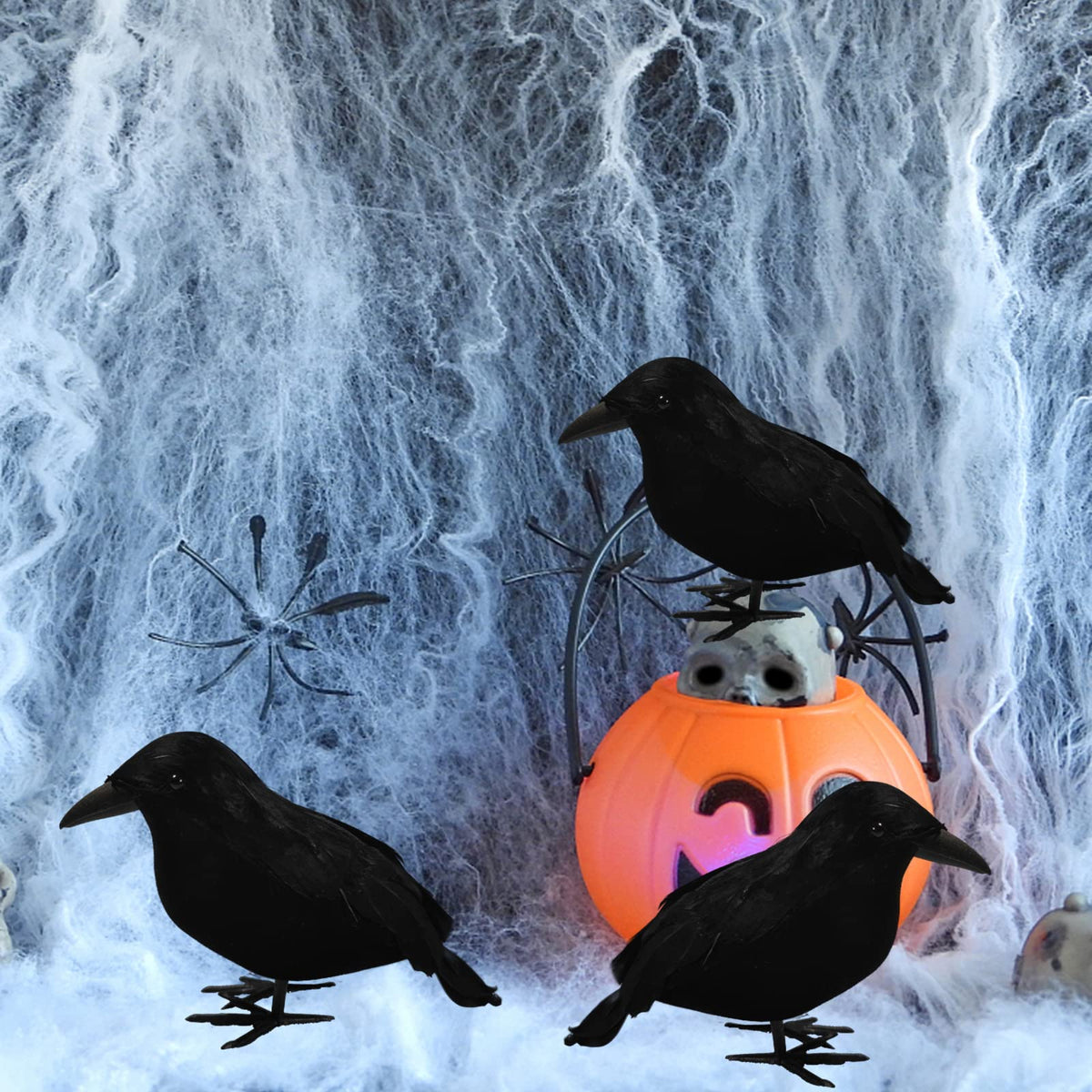 Wakdiz Halloween Realistic Black Crows 6 Pieces Handmade Feathered Crow Ravens, Fake Black Birds Prop Stand Crows for Halloween Outdoors and Indoors Crow Decoration