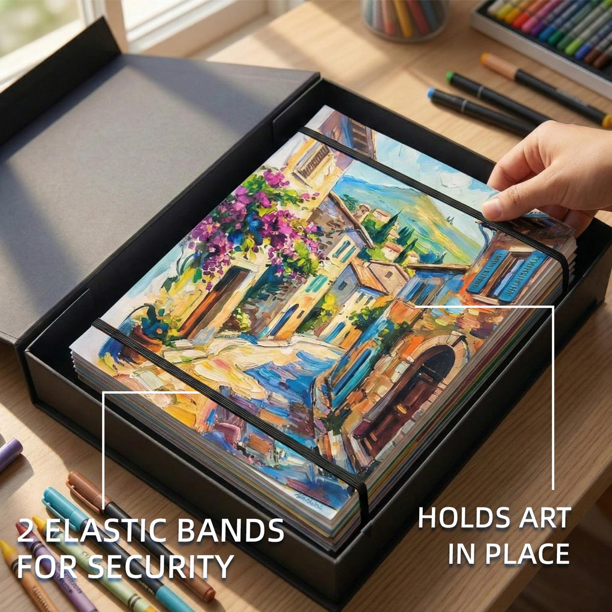 JJRING 9x12 Foldable Art Portfolio Storage Box with Elastic Bands, Student Artwork Keepsake & Professional Document Organizer Folder For Drawings and Classroom Use (Black)