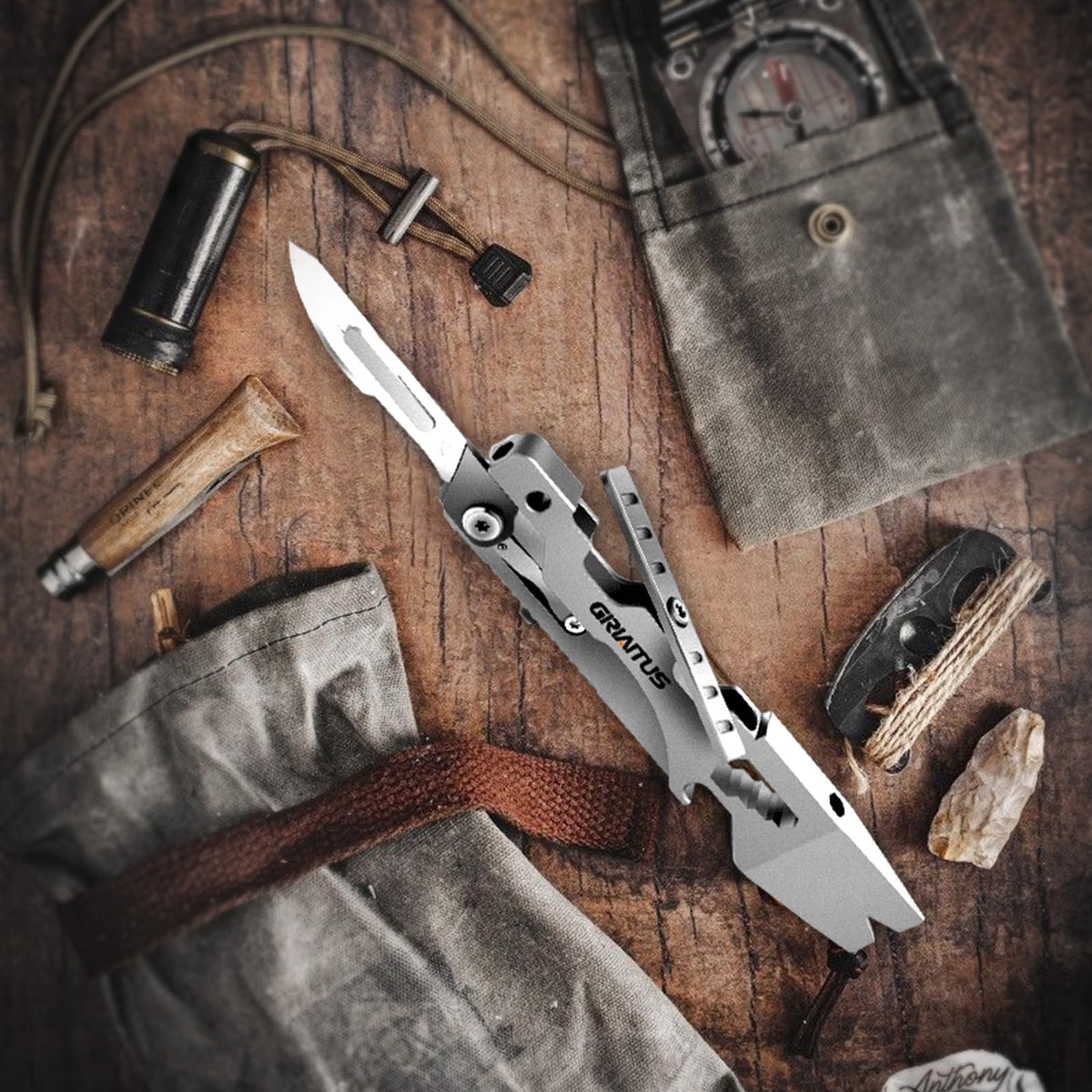 Multitool Pry Bar Wrench Tool with Flat/Phillips Screwdriver Folding Multi-tool Box Cutter Blade Knife, Bottle Opener, Steel Handle, Everyday Carry, Cycling, Camping EDC Pocket Gadget Gifts for Men