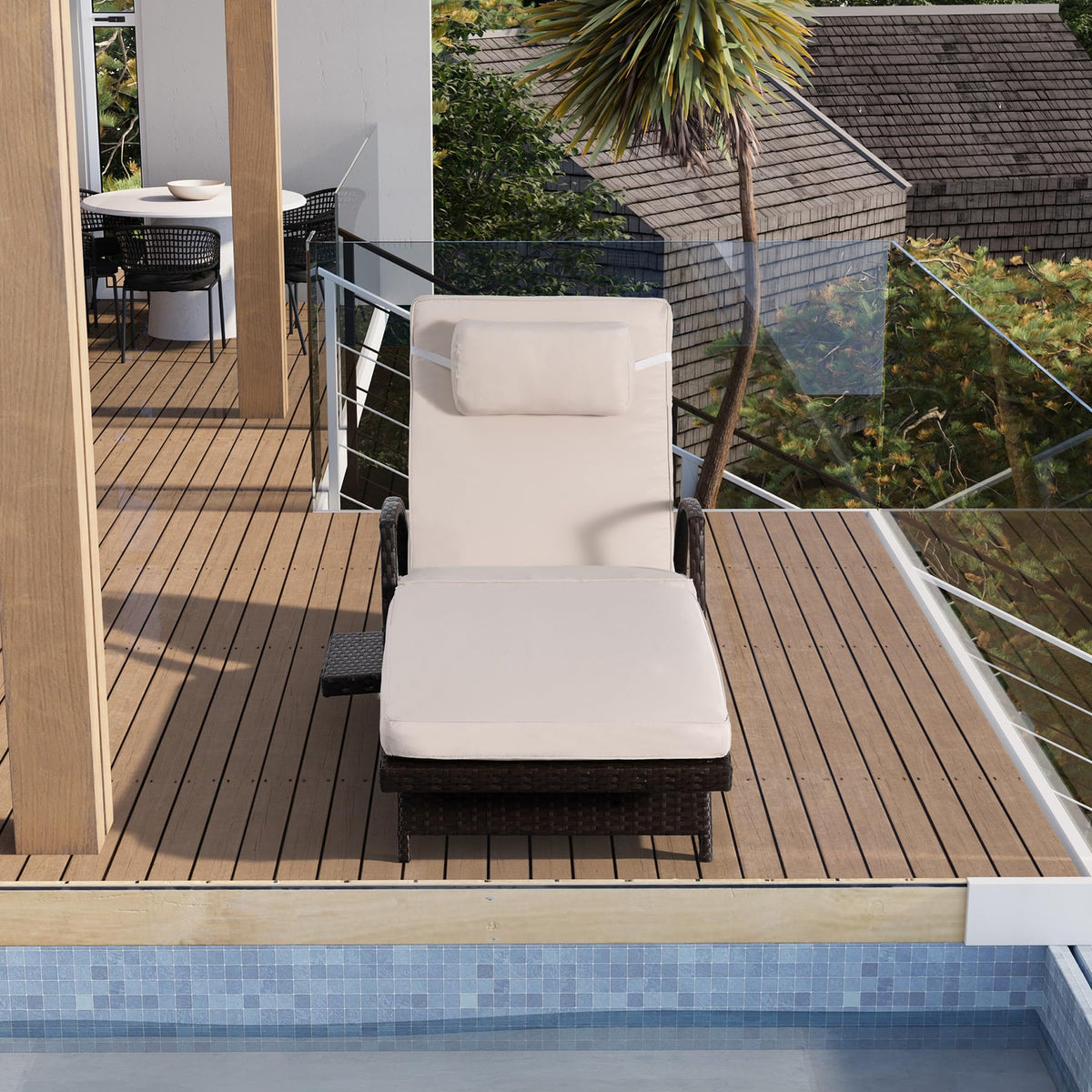 Chaise Lounge Chairs Set of 2, 6-Position Adjustable Outdoor Recliner with Side Table & Wheel,All-Weather PE Rattan Wicker Patio Lounge Chair With Removable Cushion for Poolside Backyard Beach (Beige)