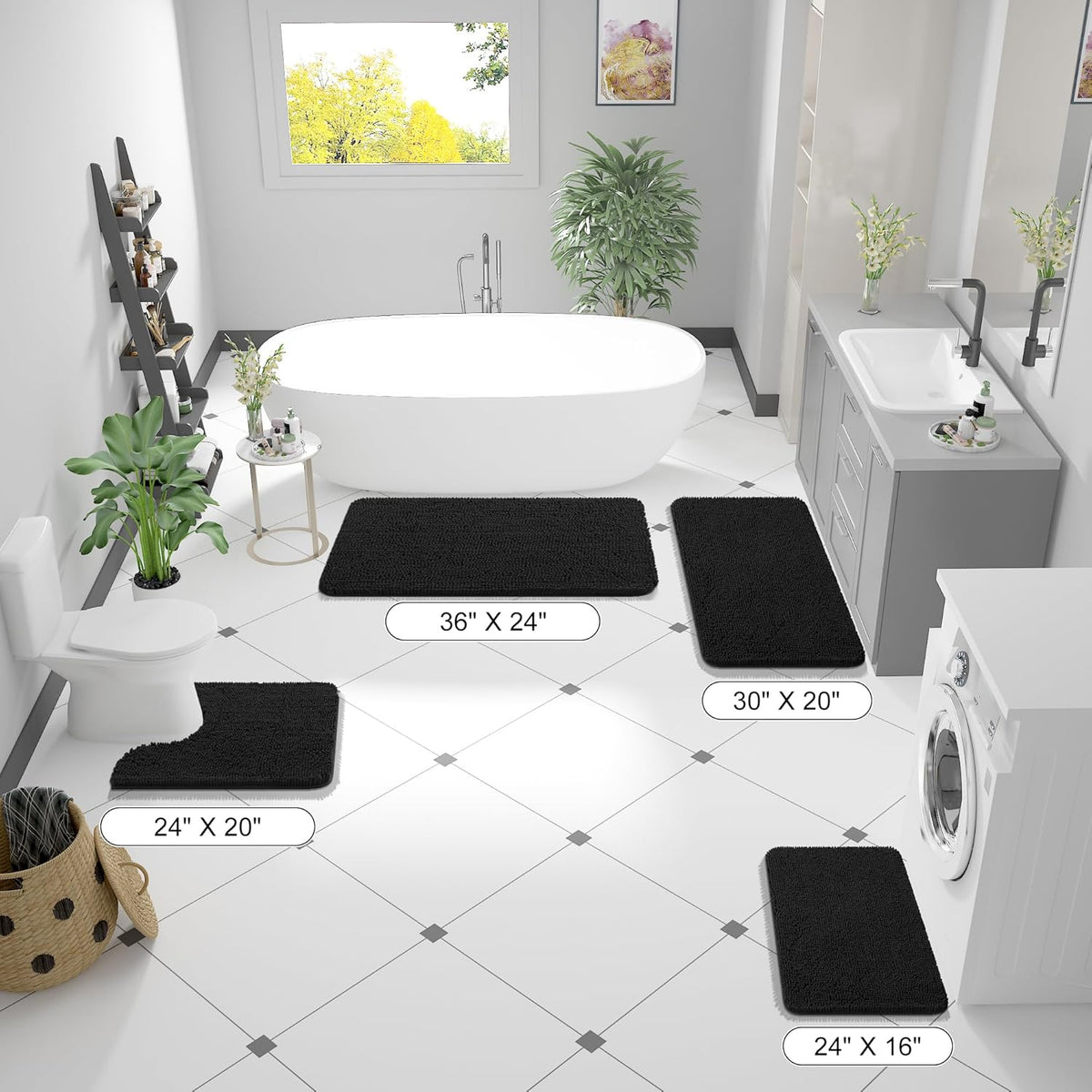 OLANLY Bathroom Rugs - Extra Soft Absorbent Chenille Mats | Quick-Dry, Machine Washable, 47x20", Black