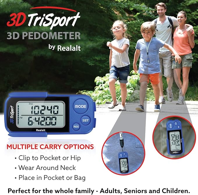 3DTriSport Walking 3D Pedometer with Clip & Strap, eBook Included | 30 Days Memory, Accurate Step Counter, Walking Distance Miles/Km, Calorie Counter, Daily Exercise Time Monitor