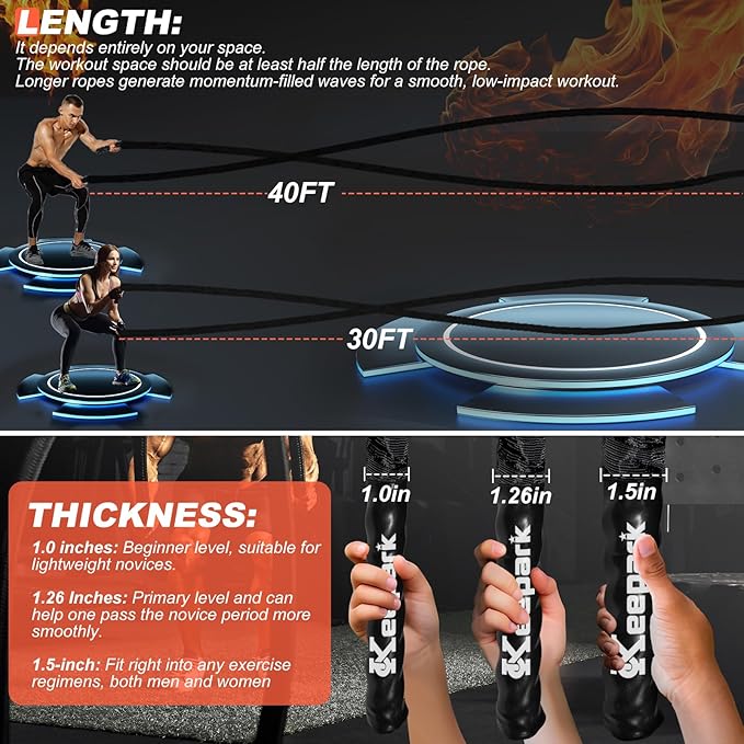 Battle Ropes for Home Gym, Exercise Rope 1.26/1.5inch, 30 40FT Heavy Battle Rope Weighted Battle Rope Training Heavy Rope for Workout Exercise