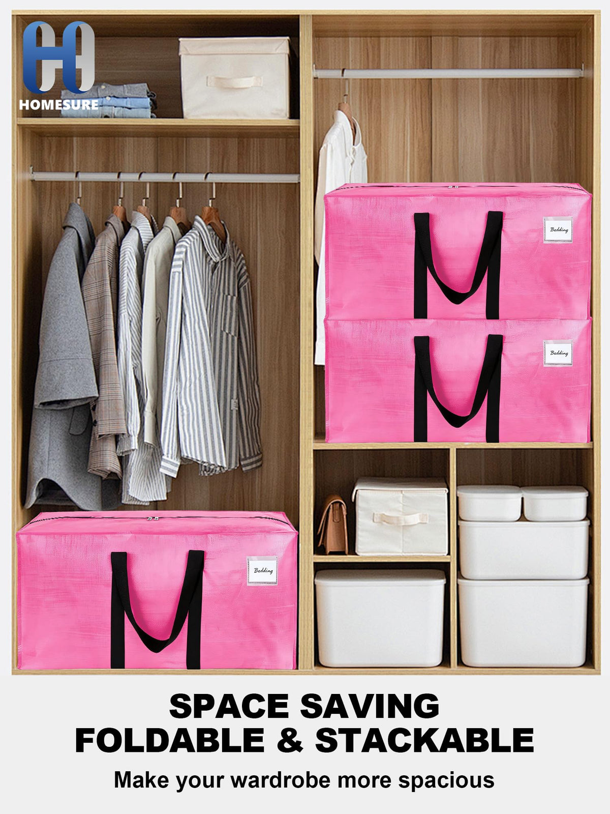 4 Pack Large Strong Moving Bags with Zippers & Carrying Handles - Water-Resistant - Heavy Duty Storage Tote for Space Saving, Fold Flat, Alternative to Moving Box (Pink)