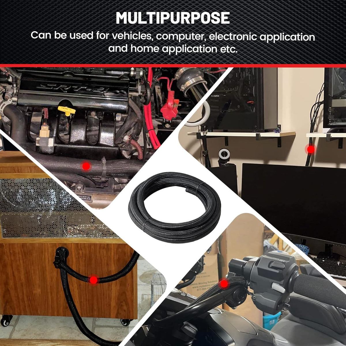RED WOLF 10 1/2" Braided Wire Cable Sleeve Split Wiring Sleeving Feet - Flexible Self-Wrap for Automotive Computer