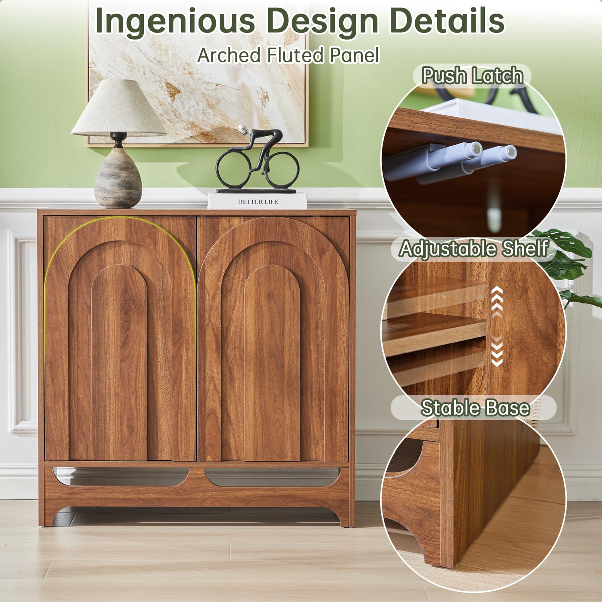 Bifins Modern Buffet Cabinet with Storage, 94.5" W Fluted Arched Sideboard Cabinet with Adjustable Shelves & Doors, Wooden Coffee Bar Storage Station for Dining Room, Kitchen, Living Room, Entryway