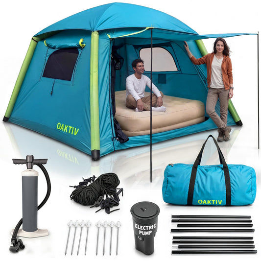 Oaktiv Inflatable Tents for Camping - CloudCamp Glamping Tent for 6 People Waterproof Oxford Fabric(210D), Quick Setup Air Tent with Manual & Battery Pump, UV Protection, 4-Season Inflatable Tent