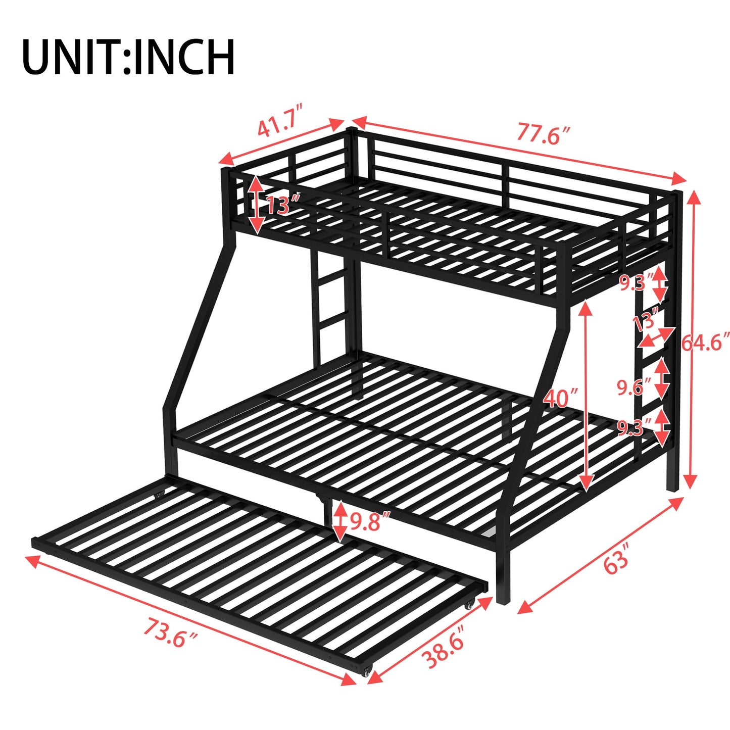 Bellemave Metal Bunk Bed with Trundle, Twin XL Over Queen Bunk Trundle and Guardrail and Ladder for Kids/Teenagers, Adults, No Box Spring Needed，Black