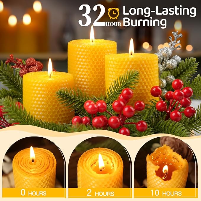 3 Pack Natural Beeswax Pillar Candles,2.8x4in Handmade Beeswax Rolled Candles,96 Hours Long Burning Honeycomb Bees Wax Candle for Gift & Home Decor,Dripless Smokeless Unscented