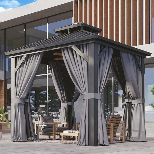 Aoxun 8x8 Hardtop Gazebo, Aluminum Frame Outdoor Gazebo with Double Galvanized Steel Roof, Patio Pavilion with Netting and Curtains, Backyard Gazebo for Patio Deck Garden