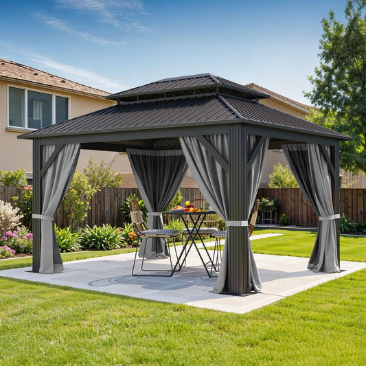 DWVO 12x14ft Hardtop Gazebo Double Roof with Nettings and Curtains, Heavy Duty Galvanized Steel Outdoor Roof for Patio, Backyard, Deck, Lawns, Gray