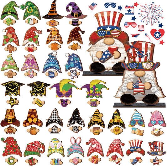 68 Pcs Seasonal Interchangeable Wooden Gnome Decor Farmhouse Holiday 2 Pcs Gnome Standing Centerpieces Decoration with 2 Wooden Bases 64 Detachable Hats Magnet Pieces for DIY Holiday Decorations