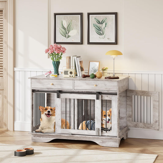 IDEALHOUSE 47'' Dog Crate Furniture,Indoor Wooden Dog Kennel with 2 Storage Drawers,4 Doors and Large Tabletop,Decorative Pet House for Large, Medium, and Small Dogs(Grey)