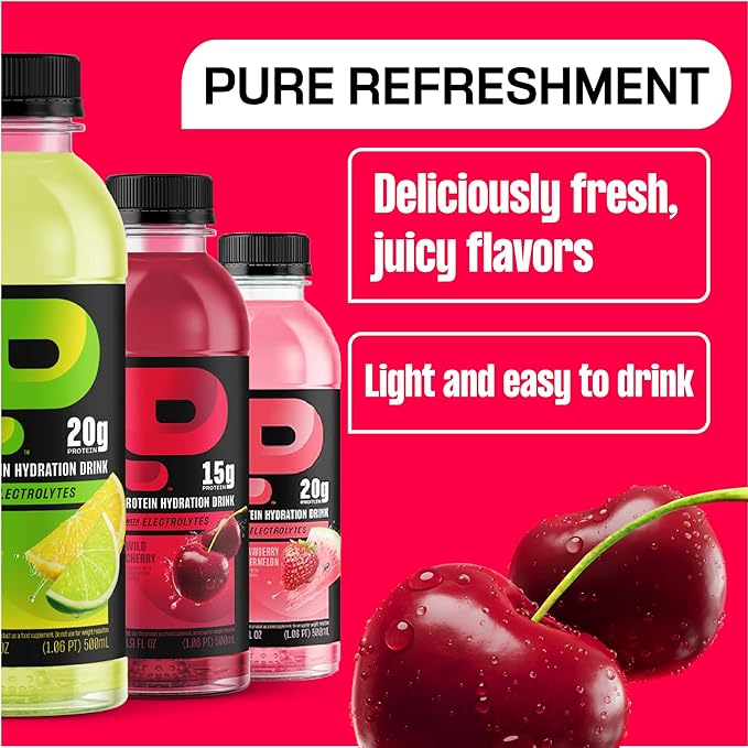 Protein2o Hydration Drink - 2-in-1 Liquid Clear Whey Protein Isolate and Electrolyte Drink - 15g Protein, Vitamins B5, B6 - Post-Workout Recovery - 16.9 Fl Oz - 12 Count Wild Cherry