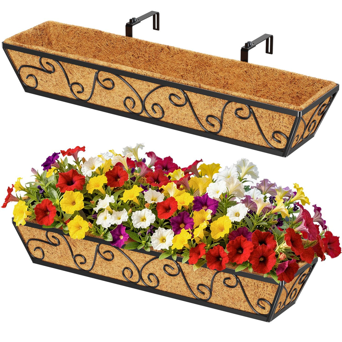 LAWYAMAI 2PCS 30 Inch Railing Planter with Adjustable Brackets, Window Box with Coco Liner, Hanging Flower Box for Balcony Deck Fence, Metal, Black