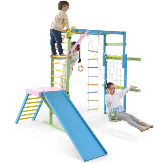 Avenlur Grove 9-in-1 Indoor Jungle Gym Playground: Montessori Waldorf Style Wood PlaySet for Kids, and Toddlers Features Monkey Bars, Rope Wall Net, Ladder, Climber, Slide, Ring Set. Ages 2-11yrs