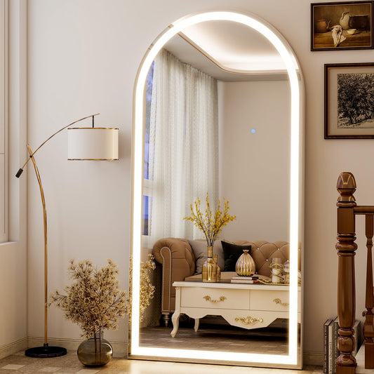 VETROVUE Arched LED Mirror Full Length - 30" x 71" Large Arch Floor Full Body Mirror with 3 Color Lights Brightness Adjustable, Standing Leaning for Bedroom, Dressing Room, Cloakroom, White