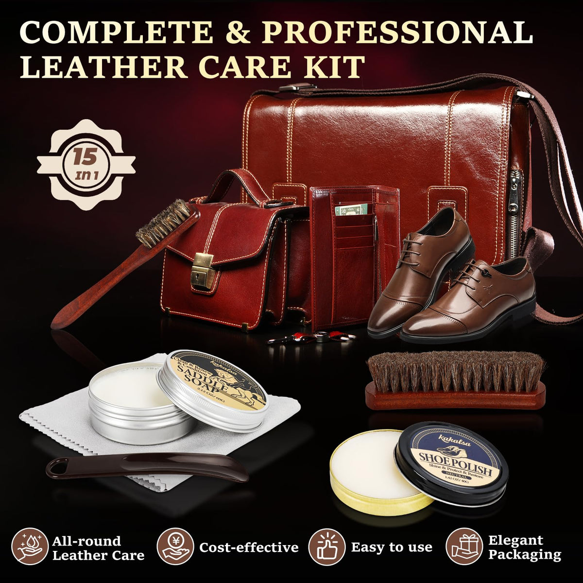 Shoe Shine Kit, Mens Gifts Ideas - 15PCS Shoe Polish Kit with Saddle Soap, Mink Oil, 3 Shoe Polishes, 3 Shoe Brushes and more, All-inclusive Leather Care Kit for Leather Shoe Boot Cleaning and Care