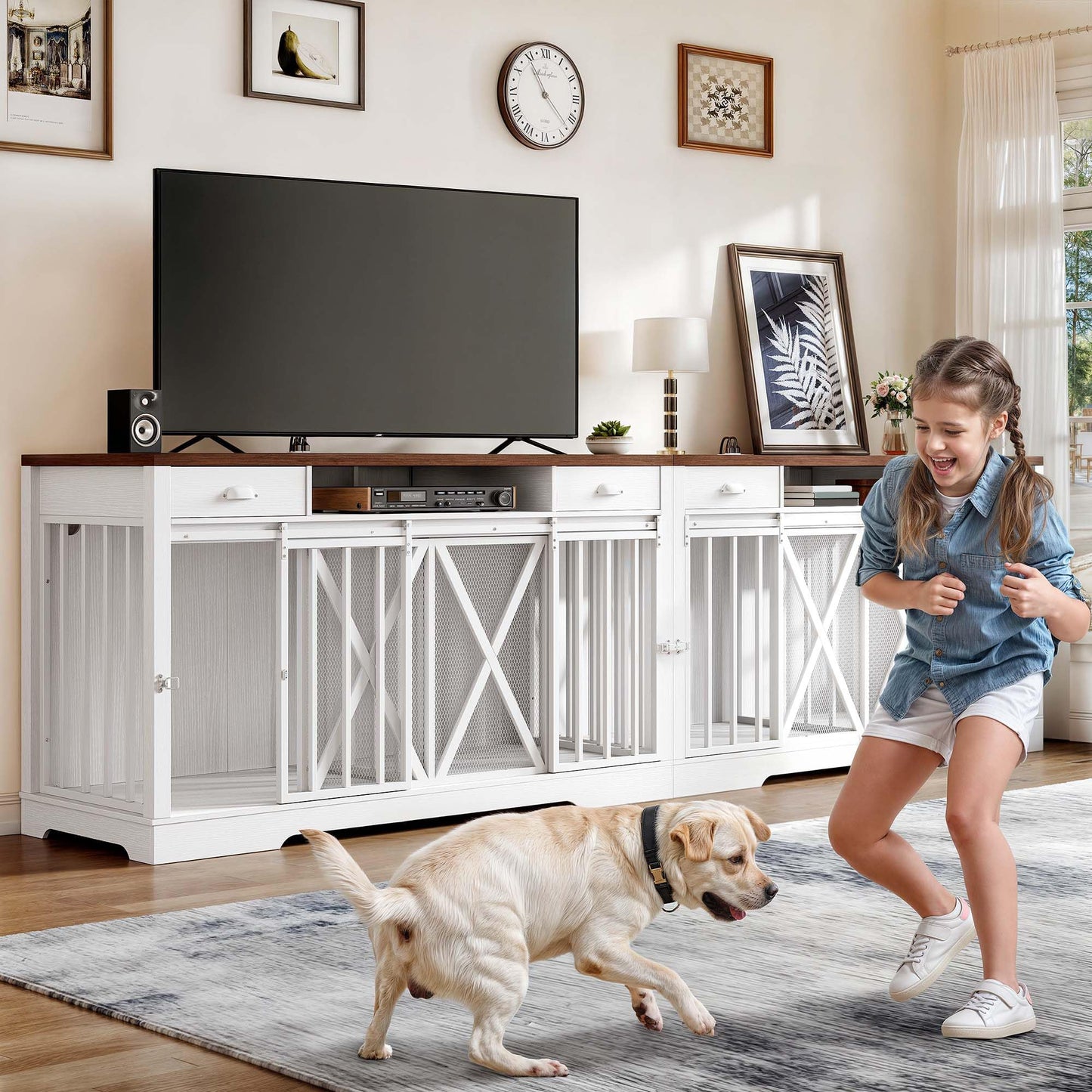 DWVO 63 Inch Double Dog Crate Furniture for 2 Dogs, Heavy Duty Wooden Dog Crate TV Stand with Charging Station, Dog Kennel Indoor Furniture Double Sliding Barn Door Design Ideal for 2 Dogs, White