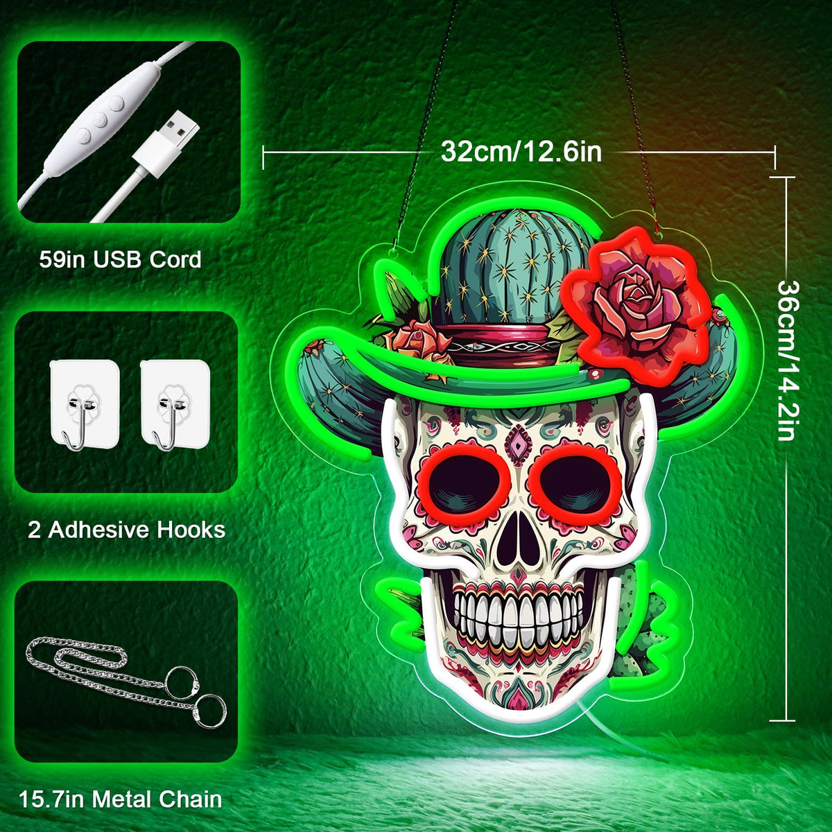Sneignon Day of the Dead Neon Sign - Mexican Sugar Skull LED Neon Light for Home & Bar Decor,UV Printed Art with Flexible LED Strip,Halloween & Día de Muertos Party Decoration（green)