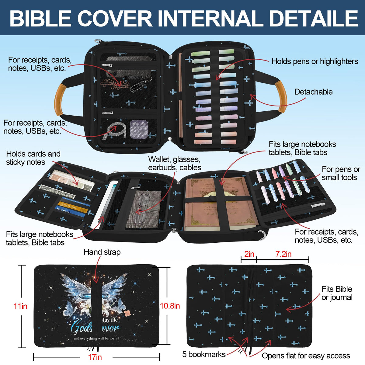 Bible Cover for Women Large Bible Cover Bible Carrier Bag for Women Organizer Cross Bible Study Supplies Journaling Kit Book Carrying Case with Bible Highlighters Shoulder Strap Christian Gifts