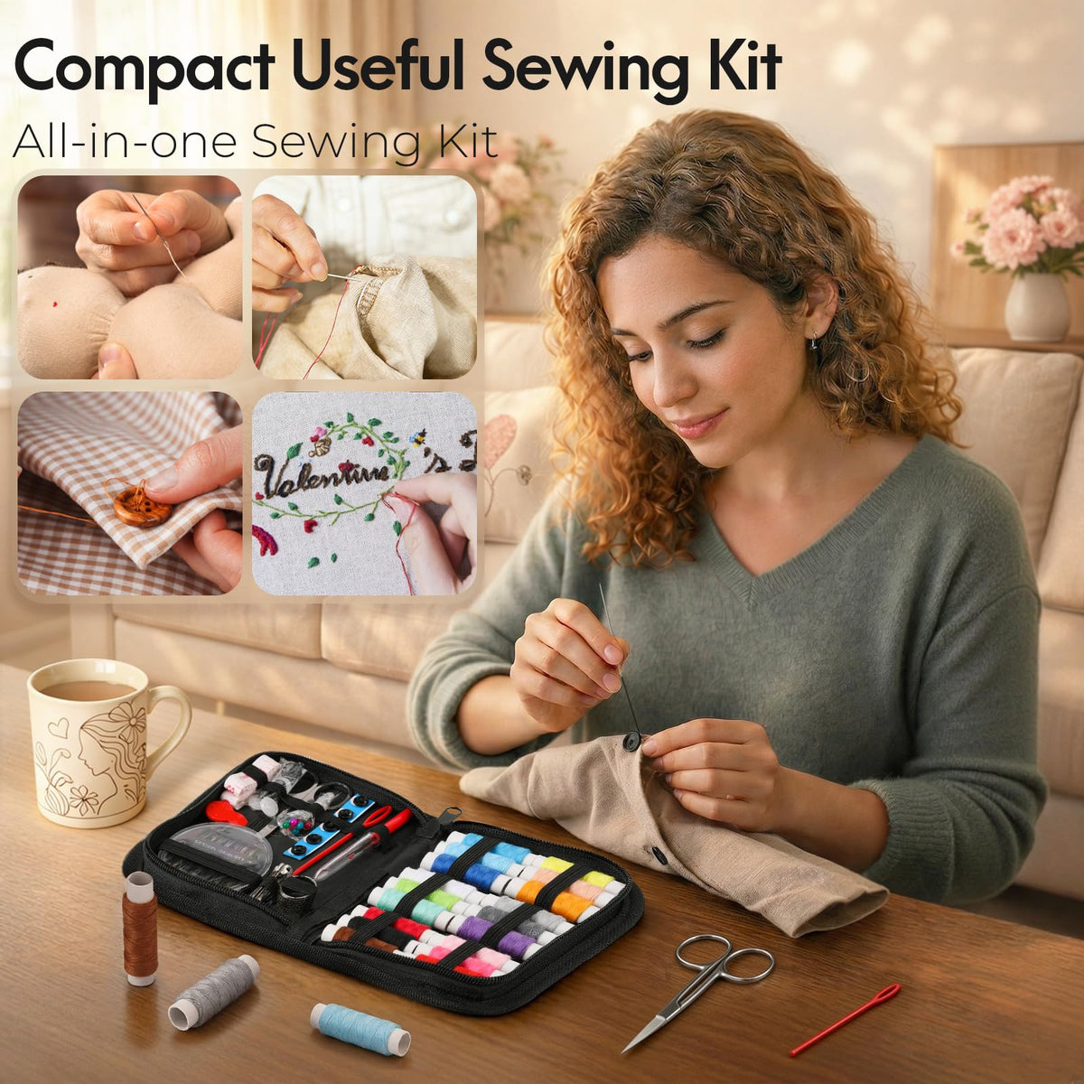 Coquimbo Sewing Kit Mothers Day Gifts for Mom Grandma Women Wife Teen Girls Beginner Traveler, Portable Sewing Supplies Accessories Contains Thread, Needles, Scissors, Dorm Room Essentials (Black)