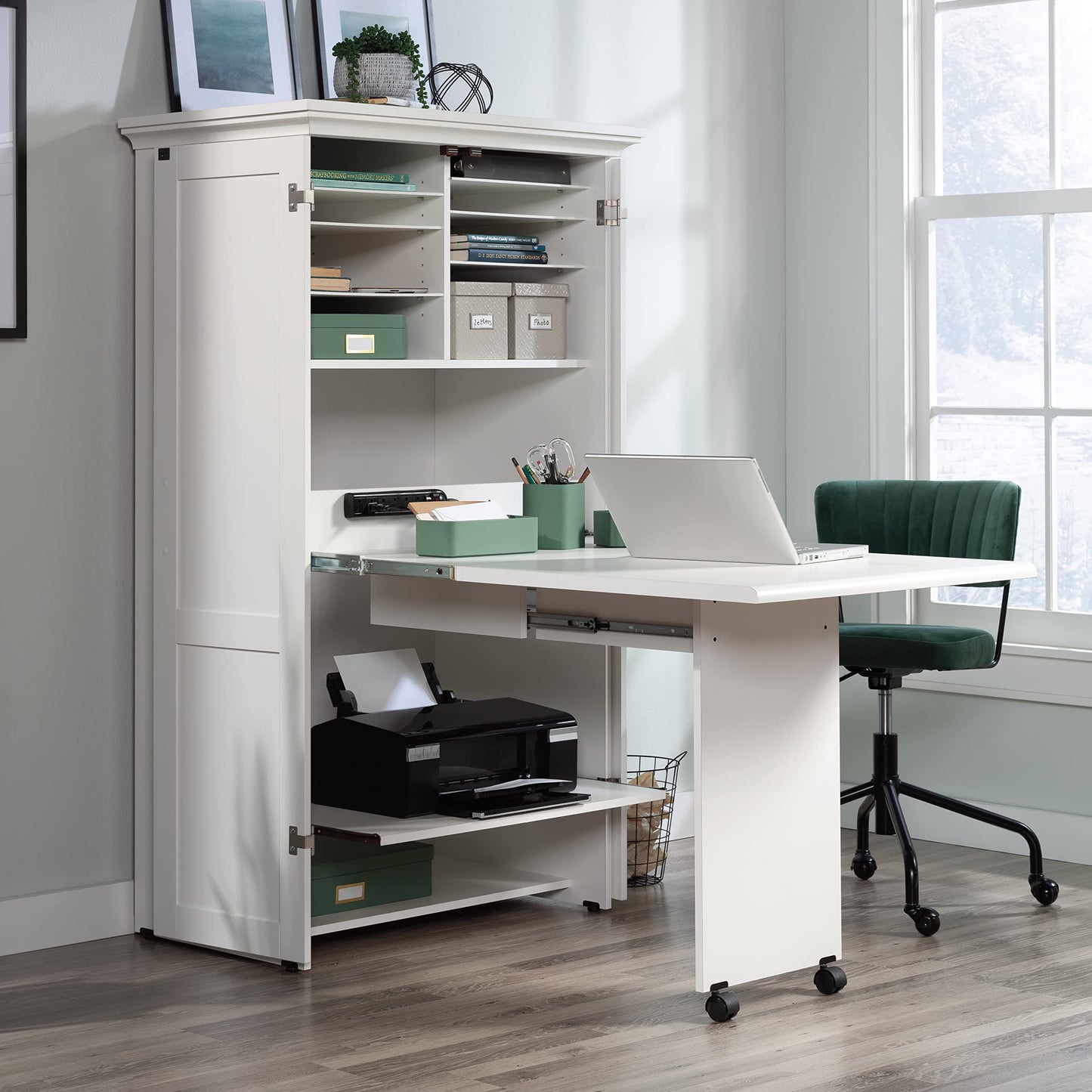 Sauder Miscellaneous Storage Craft & Sewing Armoire, L: 35.11" x W: 21.81" x H: 61.58", Glacier White finish