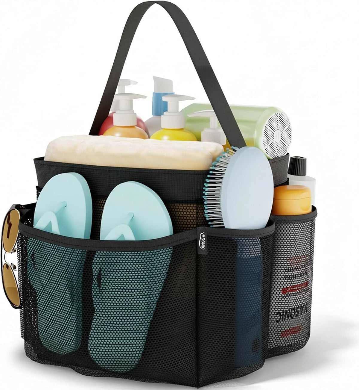 YASONIC Portable Mesh Shower Caddy - 8 Pocket Hanging Organizer for College Dorm Essentials | Black