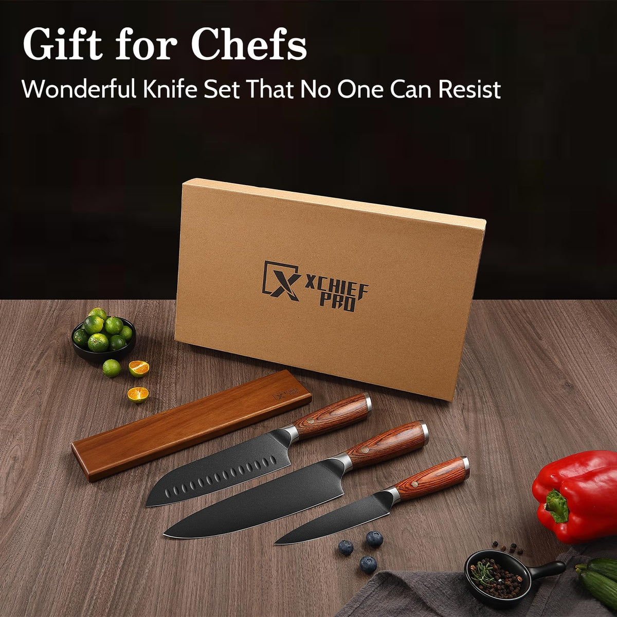 XCHIEF PRO Kitchen Knife Set, 4 Pieces Japanese High Carbon Stainless Steel Chef Cooking Knife Set, Ultra Sharp Professional Chef Santoku Utility Knives (Black)