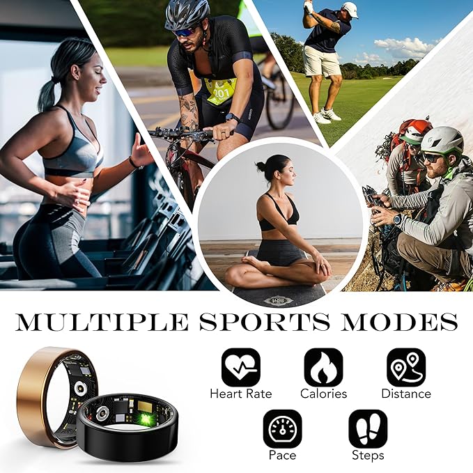 Smart Health Ring for Women Men Fitness Tracker with Heart Rate, Blood Oxygen, Blood Pressure, Sleep Monitoring, Step Counting, IP68 Waterproof for iPhone and Android, No APP Fee, Gold 6