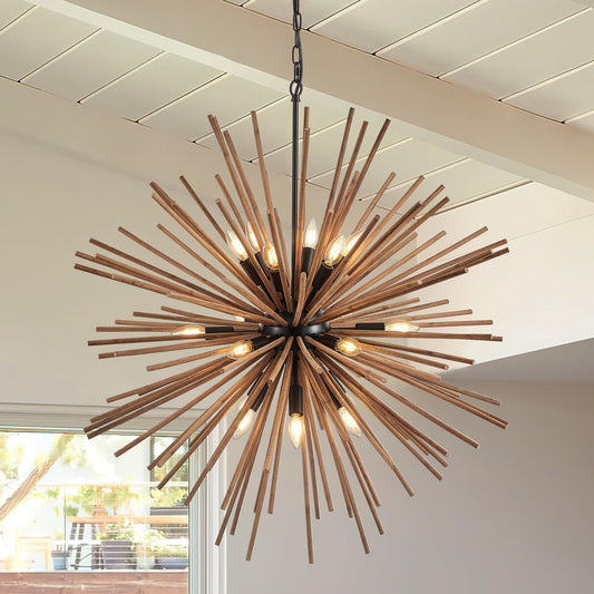 lighceac 37.4" Farmhouse Sputnik Chandelier for Dining Room Rustic Handmade Natural Wood 18-Light Hanging Ceiling Pendant Light Fixture Starburst Wood Chandeliers for Kitchen Bedroom Foyer Hallway