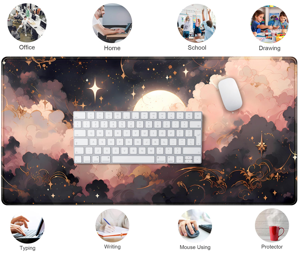 Pink Black Clouds Desk Mat XXL Large Extended Gaming Mouse Pad Celestial Mousepad with Stitched Edges, Office Desktop Decor Desk Pad Computer Mat, Laptop Keyboard and Mouse Mat, 31.5x15.75 in