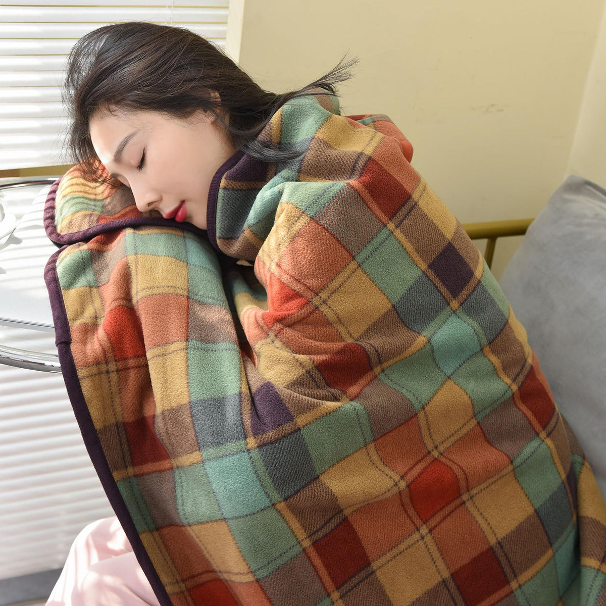 forestfish Fleece Wearable Blanket, Plaid Lap Blanket Comfy Poncho Throw with Buttons for Bed Sofa Office
