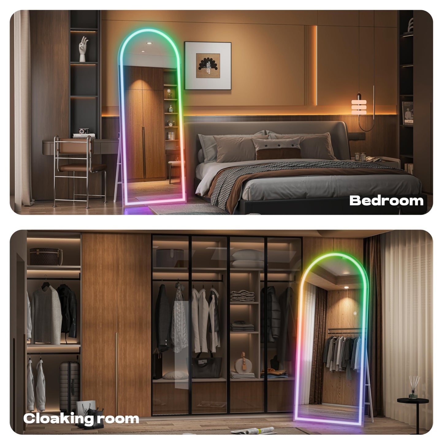 Hasipu Arch Full Length Mirror 81 x 34 in with Stand — Arch LED RGB Full Body Mirror, 7 Lighting Modes, Dimmable, Built‑in Bluetooth Speaker, White Frame for Bedroom Dressing Room