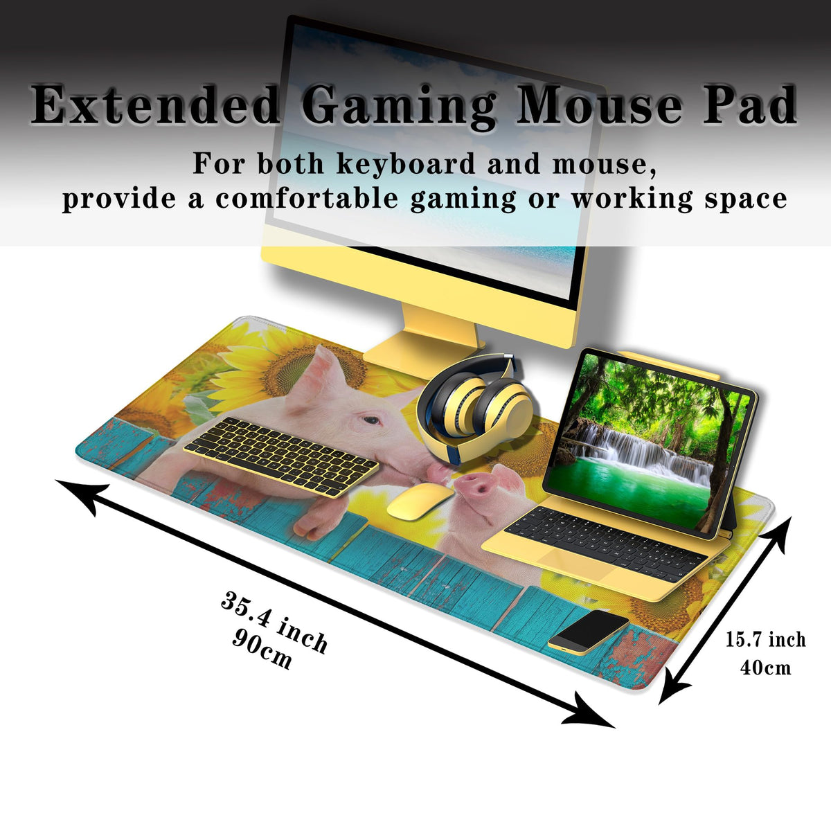 Samgula Keyboard Mat Yellow Blue Long Mouse Pad, Computer Mat Large Desk Pads, Big Desk Mat Non-Slip Rubber Base, 35.4 X 15.7 inch for Work/Game/Office/Home Funny Pig Hanging on A Fence. Studio Photo.