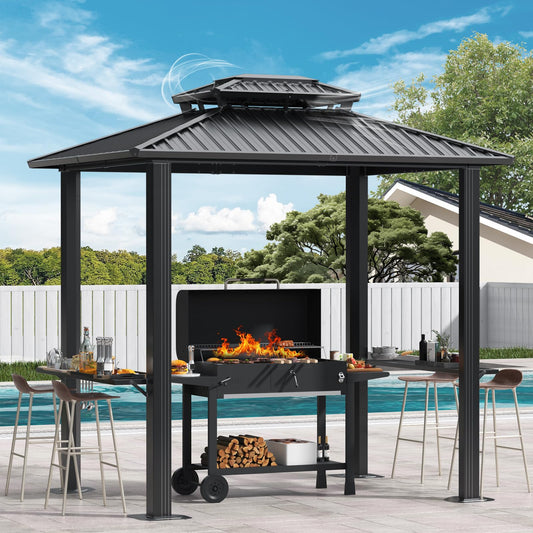 Hoteel Grill Gazebo 6x8FT Hartop Gazebo, Barbecue Gazebo with Galvanized Steel Double Roof, Outdoor Patio Aluminum Frame, 2 Side Shelves for Deck Lawn Backyard Garden and Party, Black(2026 Version)