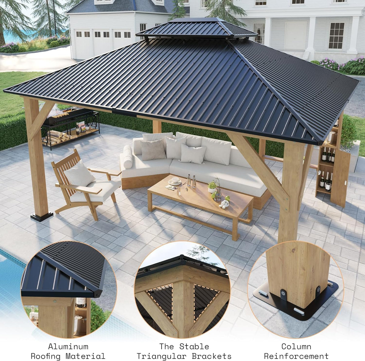 AMERLIFE 13x15 Spruce Wood Hardtop Carport, Outdoor Gazebo with Double Metal Roof & Storage Bar, Paviloin with Wood Frame for Patio, Parties, Garage, Lawns