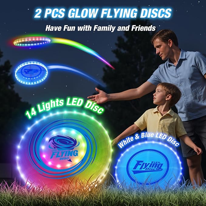 2 Pack Light up Flying Discs for Kids, Rechargeable Disc with 45 LEDs, 14 Lighting Modes(10") & Built-in Battery Disc(7.8"), Glow in The Dark Flying Ring for Beach/Summer Camping/Outdoor Sport