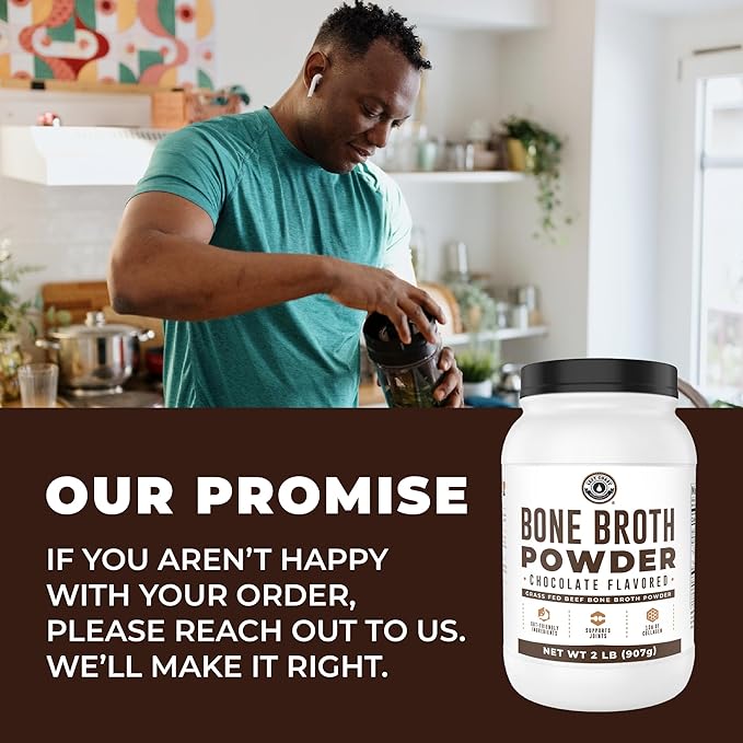 Bone Broth Protein Powder, Chocolate, Grass Fed 2lbs, 42 servings 16g protein, 13g Collagen. Low Carb, 2 net Carb, Dairy Free, Keto Friendly Bone Broth Protein Supplement with Collagen Types I & III