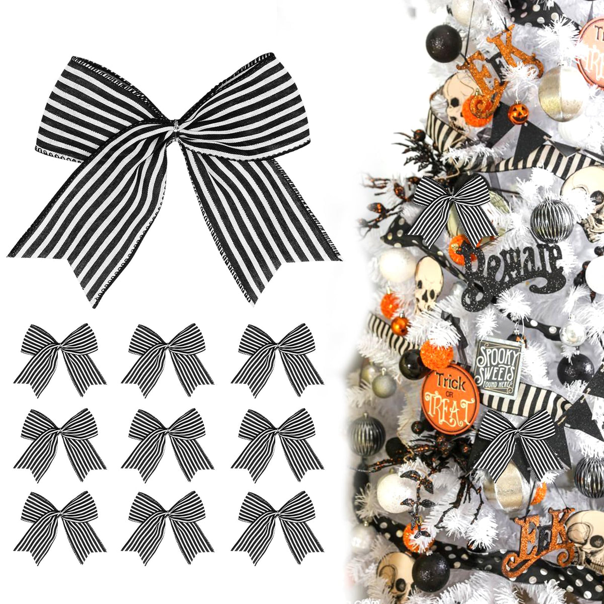 12 Pcs Black White Stripe Bows Halloween Tree Decorations,6 Inch Fall Ornaments for Christmas Tree Front Door Holiday Gothic Party Wreath Wall Home Decor