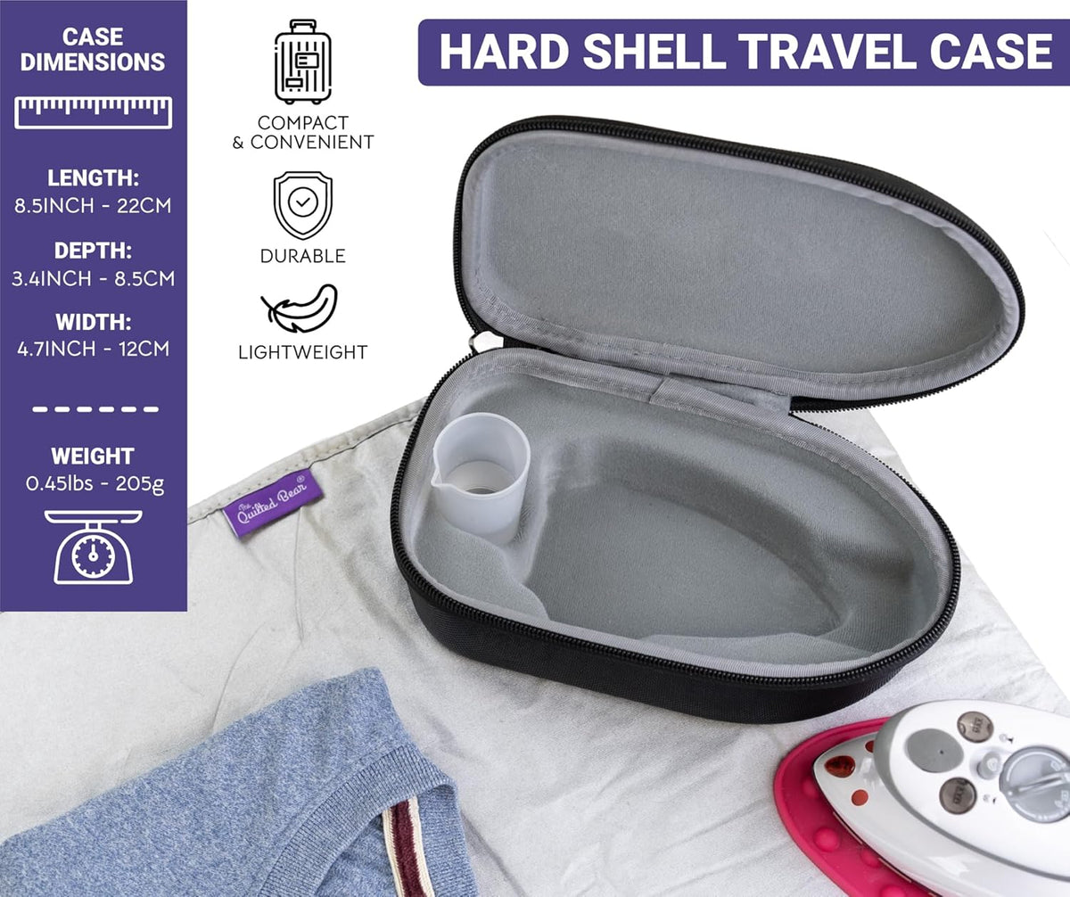 Quilted Bear Mini Steam Iron - Lightweight Travel Iron for Wrinkle-Free Clothes & Quilting - Black Hard Shell Case