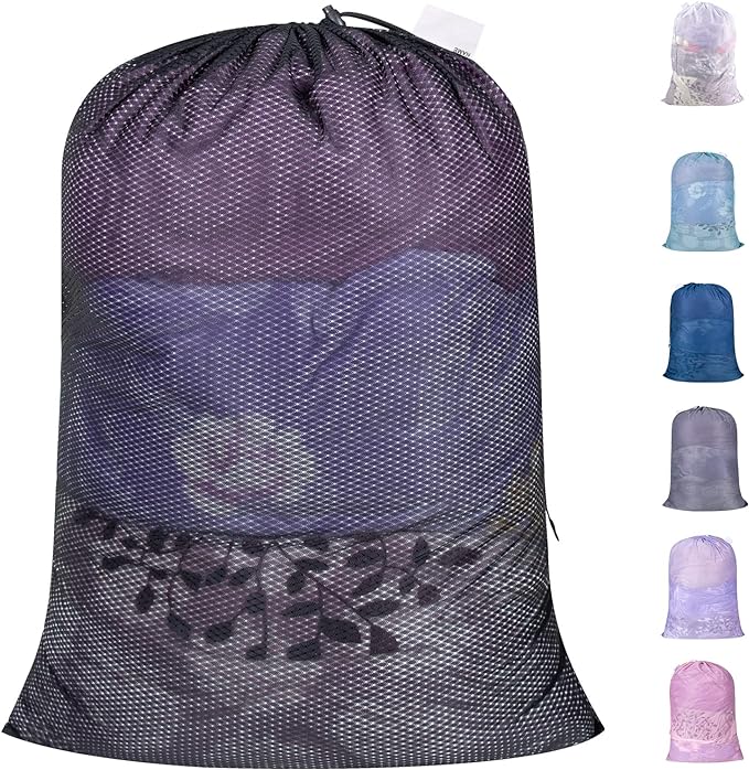Polecasa Diamond Mesh Laundry Bags, 24 x 36 inches Heavy Duty Mesh Laundry Bag with ID Tag and Drawstring Closure, Large Laundry Hamper Liner, Washable Laundry Bags for Travel, Sports, Dorms (Black)